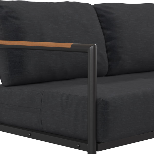 Charcoal |#| Black Aluminum Frame Loveseat with Teak Arm Accents and Charcoal Cushions