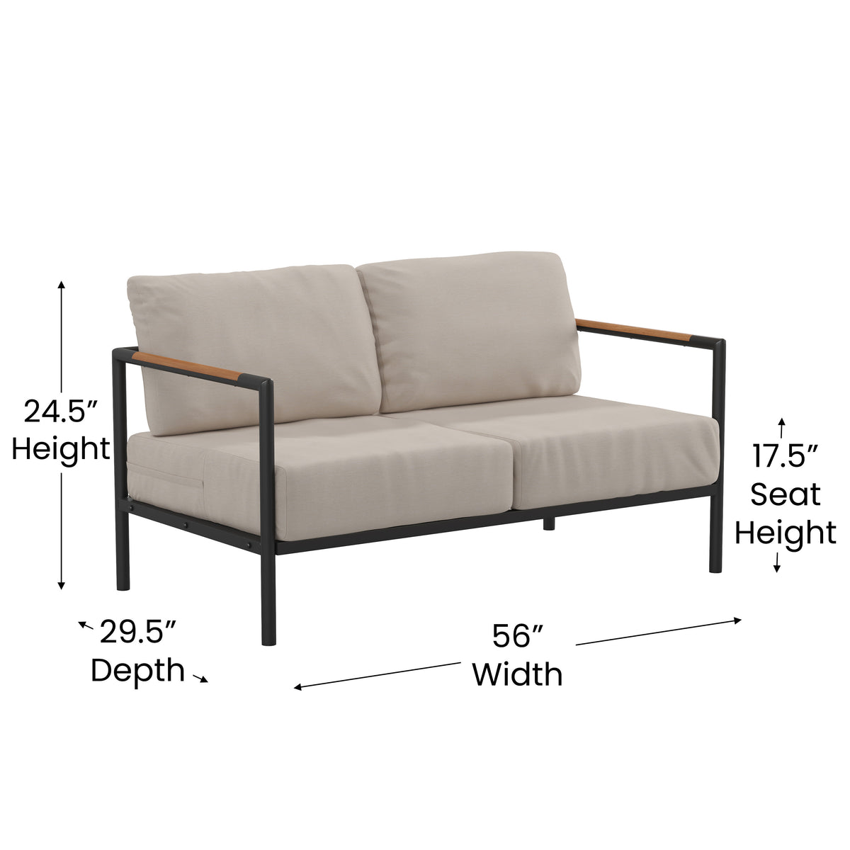 Light Gray |#| Black Aluminum Frame Loveseat with Teak Arm Accents and Beige Cushions