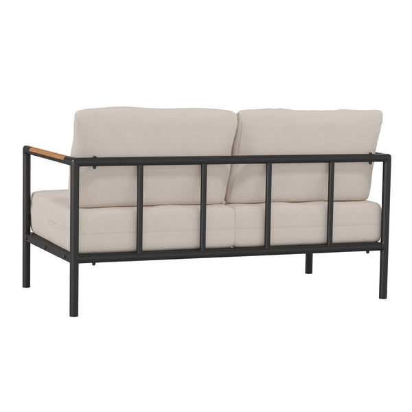 Light Gray |#| Black Aluminum Frame Loveseat with Teak Arm Accents and Beige Cushions