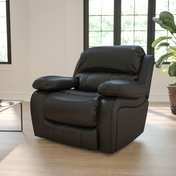 Black |#| Black LeatherSoft Rocker Recliner with Bustle Back Cushions and Padded Arms