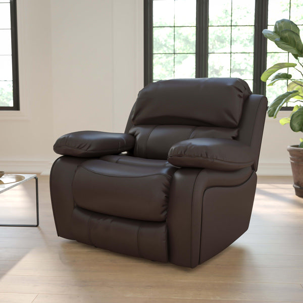 Brown |#| Brown LeatherSoft Rocker Recliner with Bustle Back Cushions and Padded Arms