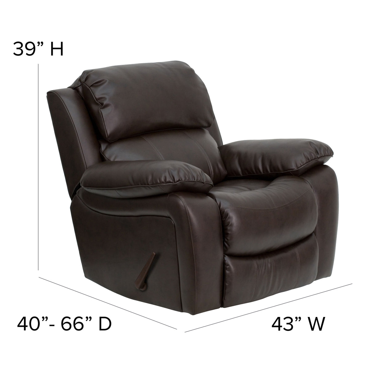 Brown |#| Brown LeatherSoft Rocker Recliner with Bustle Back Cushions and Padded Arms