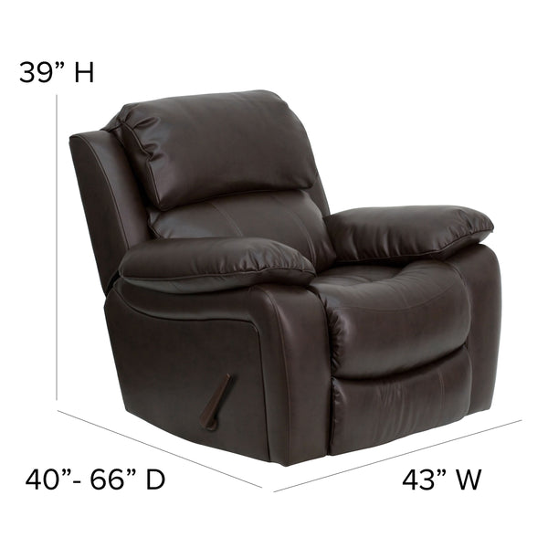 Brown |#| Brown LeatherSoft Rocker Recliner with Bustle Back Cushions and Padded Arms