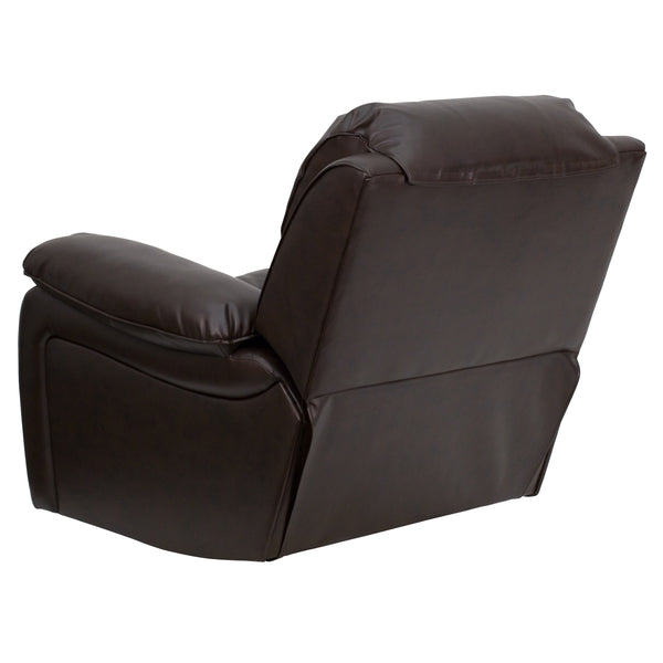 Brown |#| Brown LeatherSoft Rocker Recliner with Bustle Back Cushions and Padded Arms