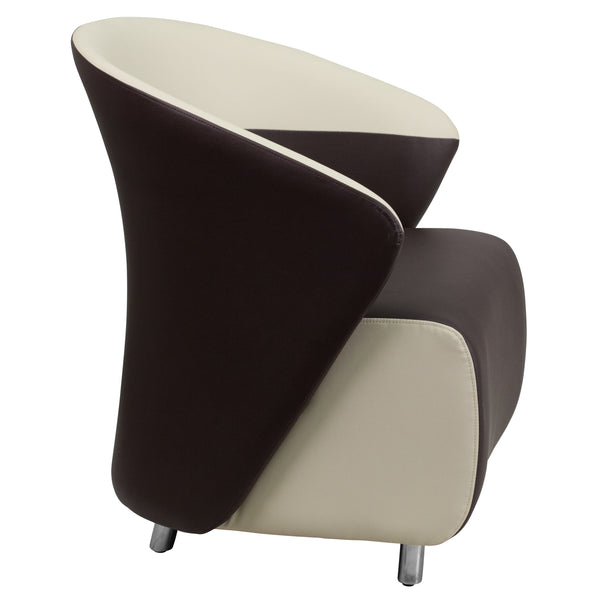 Dark Brown and Beige |#| Dark Brown LeatherSoft Curved Barrel Back Lounge Chair with Beige Detailing