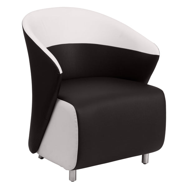 Black and Melrose White |#| Black LeatherSoft Curved Barrel Back Lounge Chair w/Melrose White Detailing