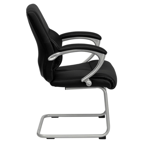 Black LeatherSoft Executive Side Reception Chair with Silver Sled Base