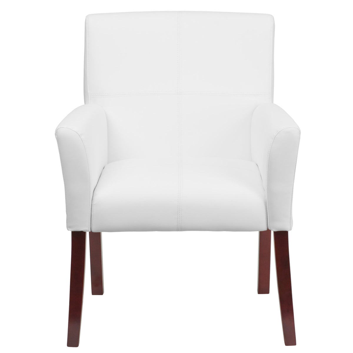White |#| White LeatherSoft Executive Side Reception Chair with Mahogany Legs