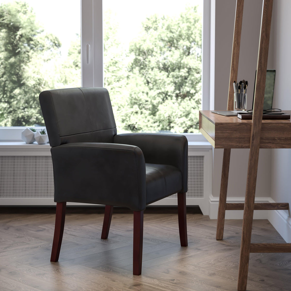 Black |#| Black LeatherSoft Executive Side Reception Chair with Mahogany Legs