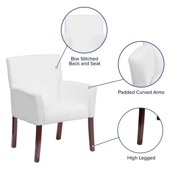 White |#| White LeatherSoft Executive Side Reception Chair with Mahogany Legs