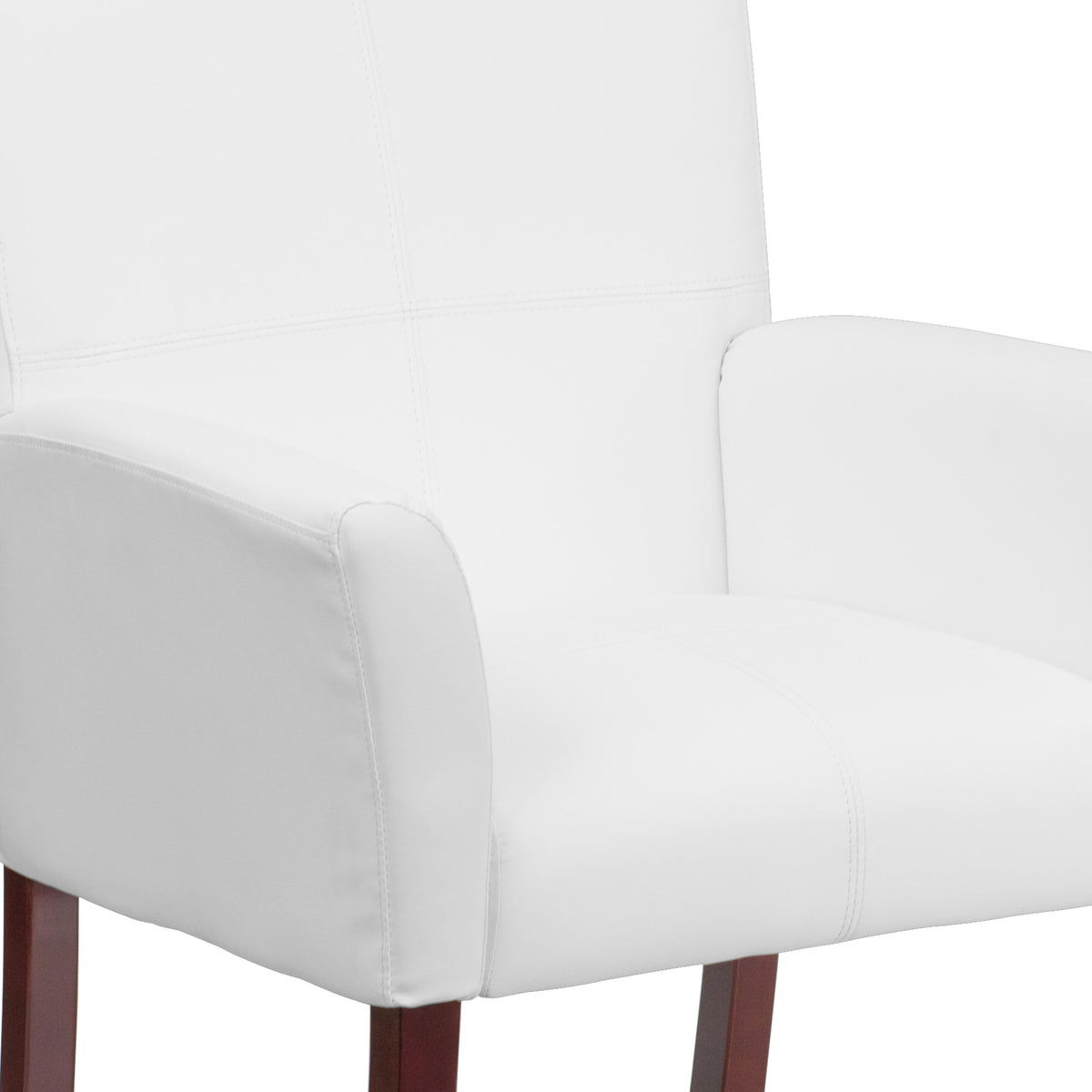 White |#| White LeatherSoft Executive Side Reception Chair with Mahogany Legs