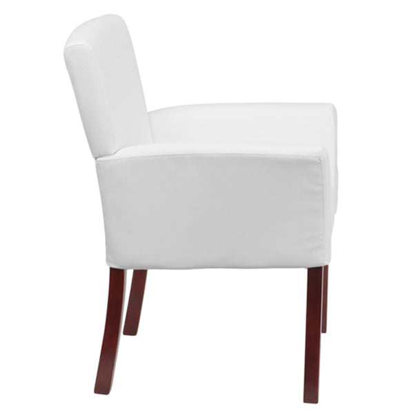 White |#| White LeatherSoft Executive Side Reception Chair with Mahogany Legs