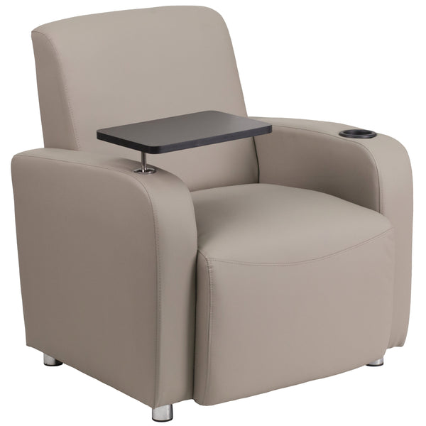 Gray |#| Gray LeatherSoft Guest Chair with Tablet Arm, Chrome Legs and Cup Holder