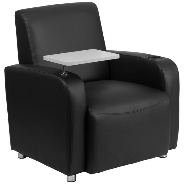 Black |#| Black LeatherSoft Guest Chair with Tablet Arm, Chrome Legs and Cup Holder