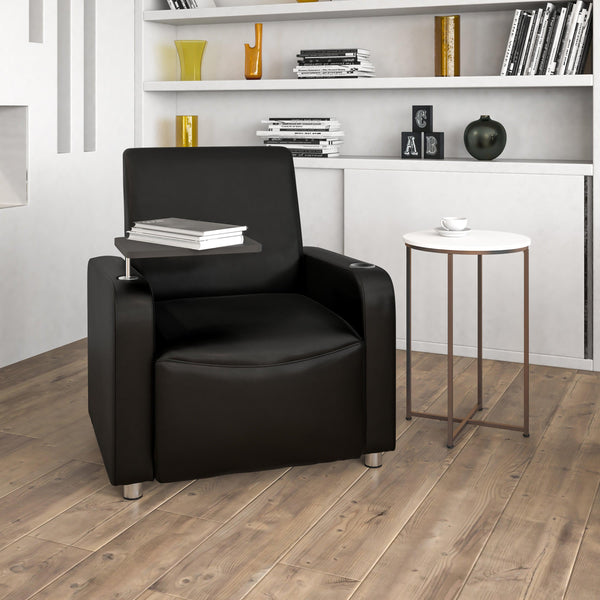 Black |#| Black LeatherSoft Guest Chair with Tablet Arm, Chrome Legs and Cup Holder