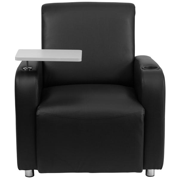 Black |#| Black LeatherSoft Guest Chair with Tablet Arm, Chrome Legs and Cup Holder