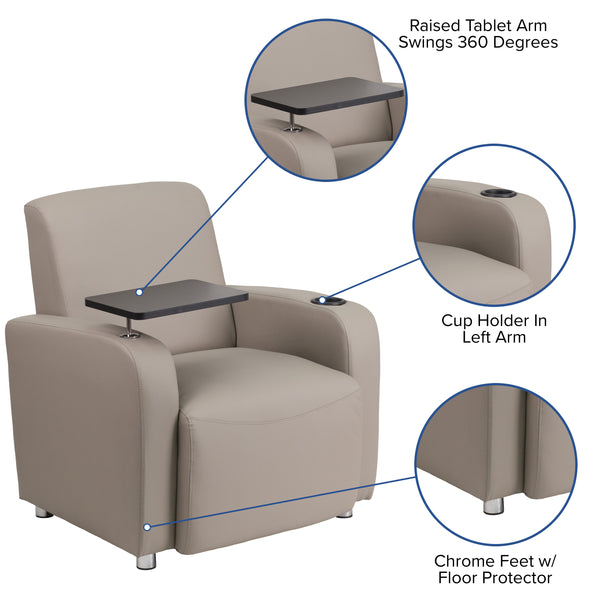 Gray |#| Gray LeatherSoft Guest Chair with Tablet Arm, Chrome Legs and Cup Holder