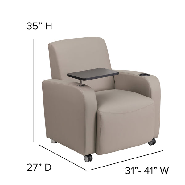 Gray |#| Gray LeatherSoft Guest Chair with Tablet Arm, Front Wheel Casters and Cup Holder