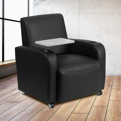 LeatherSoft Guest Chair with Tablet Arm, Front Wheel Casters and Cup Holder - View 2