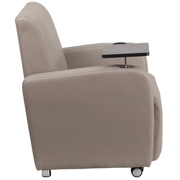 Gray |#| Gray LeatherSoft Guest Chair with Tablet Arm, Front Wheel Casters and Cup Holder