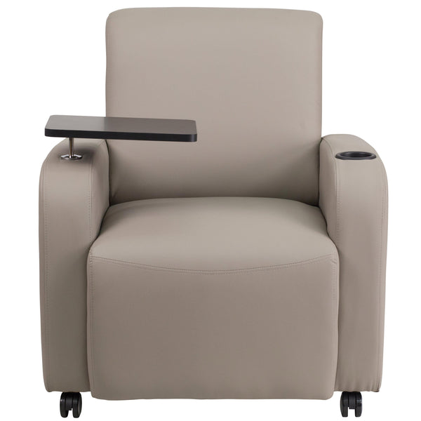 Gray |#| Gray LeatherSoft Guest Chair with Tablet Arm, Front Wheel Casters and Cup Holder
