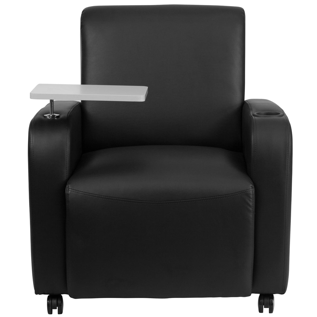 Black |#| Black LeatherSoft Guest Chair w/Tablet Arm, Front Wheel Casters &Cup Holder