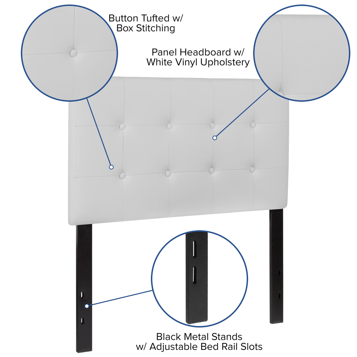 White,Twin |#| Button Tufted Upholstered Twin Size Headboard in White Vinyl