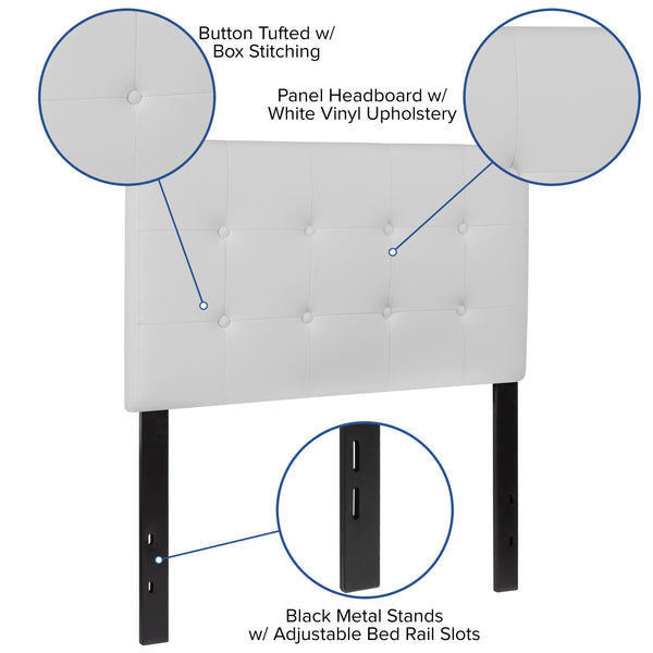 White,Twin |#| Button Tufted Upholstered Twin Size Headboard in White Vinyl