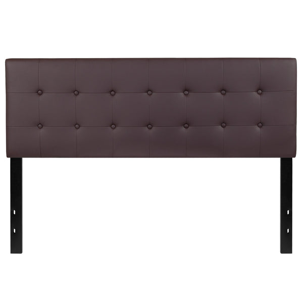 Brown,Queen |#| Button Tufted Upholstered Queen Size Headboard in Brown Vinyl