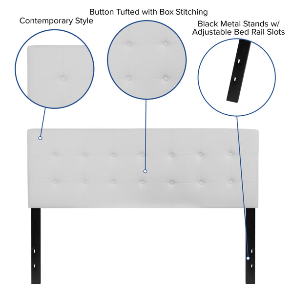 White,Queen |#| Button Tufted Upholstered Queen Size Headboard in White Vinyl