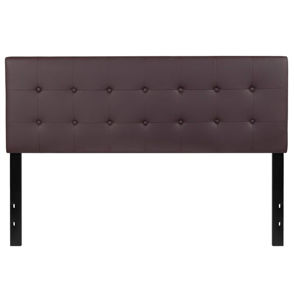 Brown,Queen |#| Button Tufted Upholstered Queen Size Headboard in Brown Vinyl