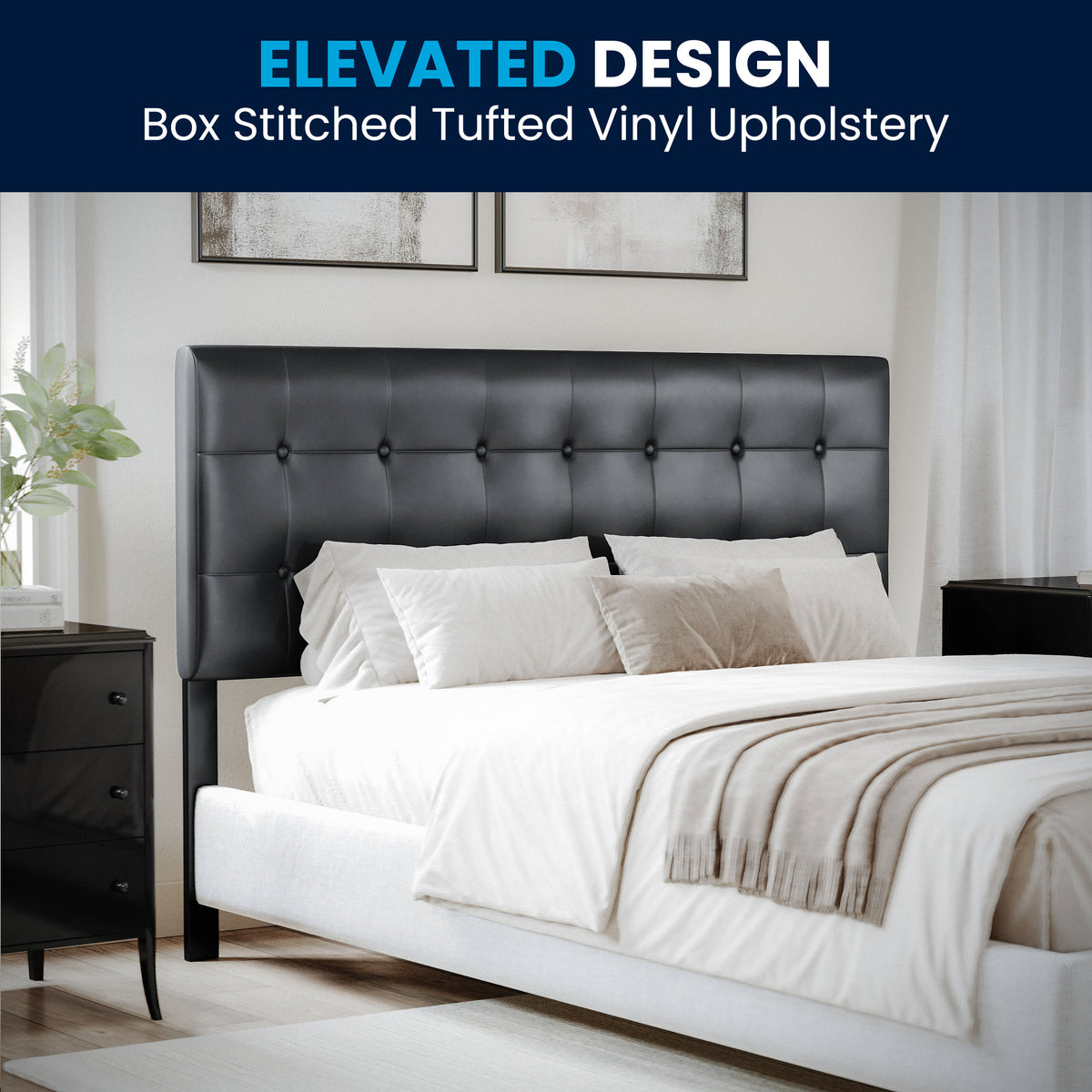 Black,Queen |#| Button Tufted Upholstered Queen Size Headboard in Black Vinyl