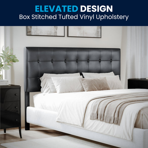 Black,Queen |#| Button Tufted Upholstered Queen Size Headboard in Black Vinyl