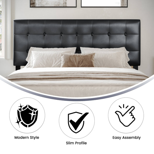 Black,Queen |#| Button Tufted Upholstered Queen Size Headboard in Black Vinyl