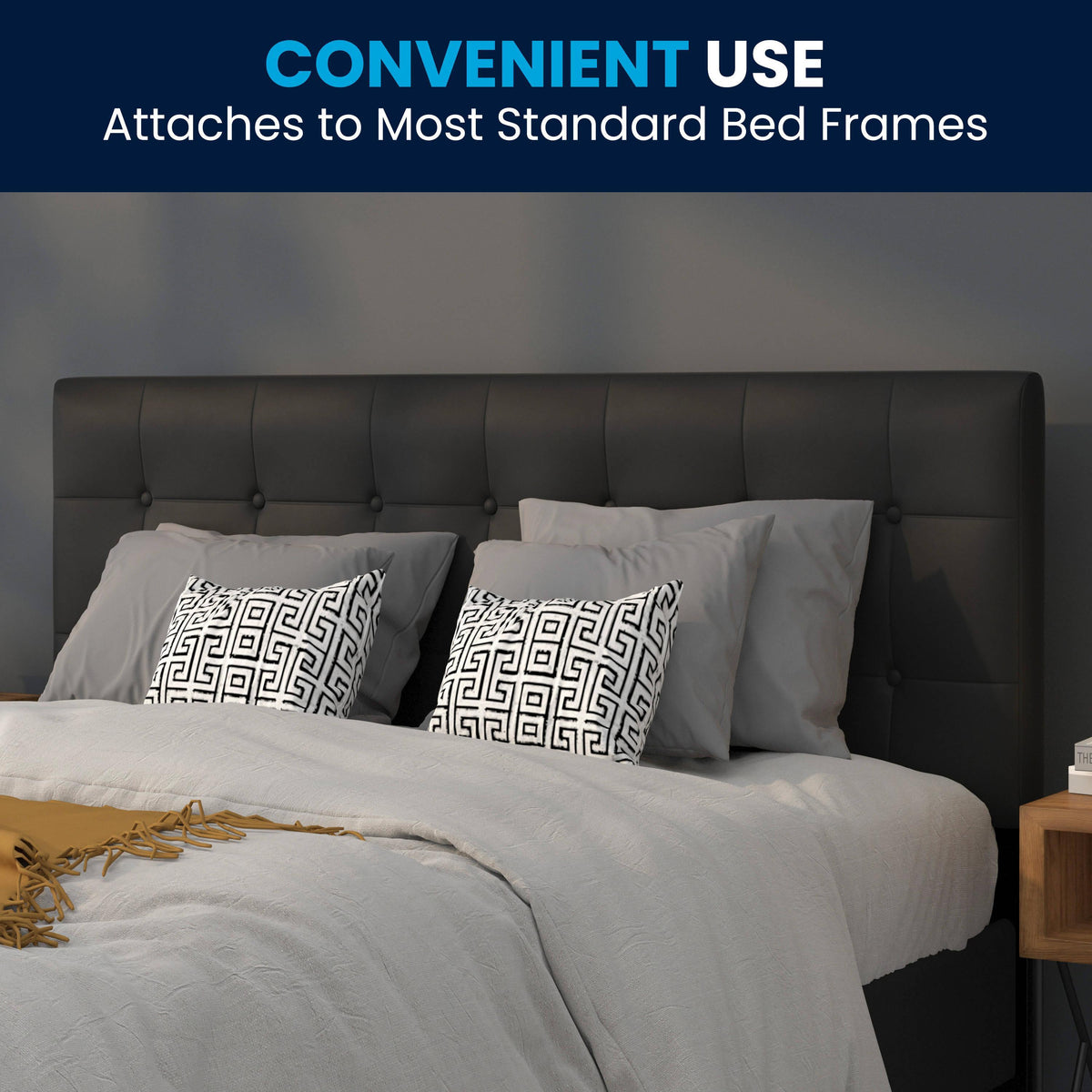 Black,Queen |#| Button Tufted Upholstered Queen Size Headboard in Black Vinyl