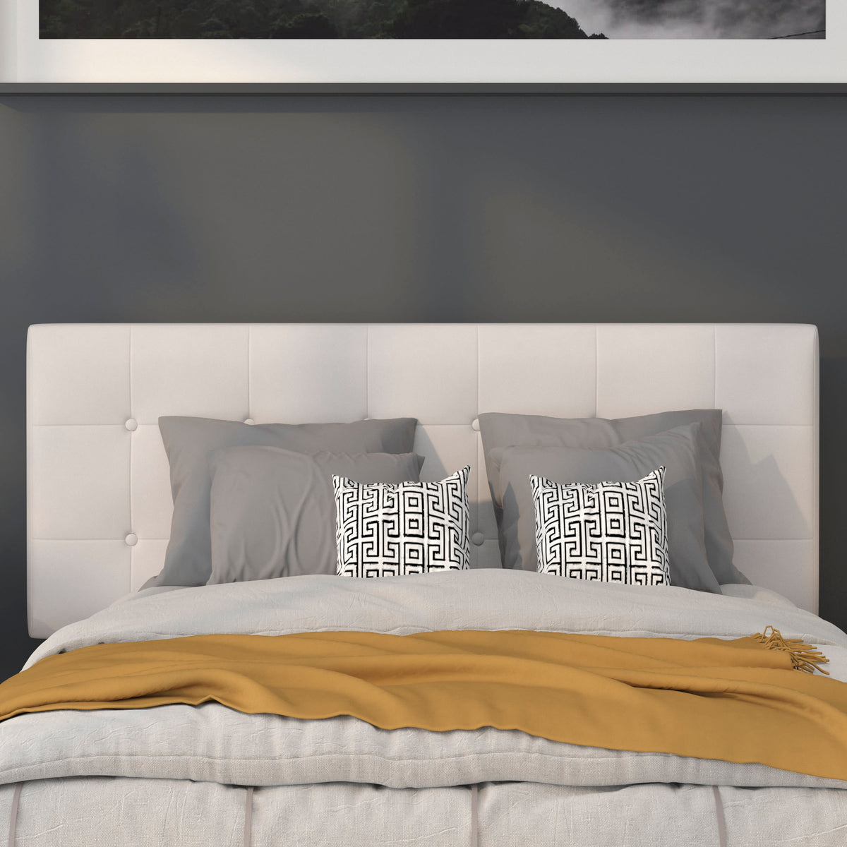 White,Full |#| Button Tufted Upholstered Full Size Headboard in White Vinyl