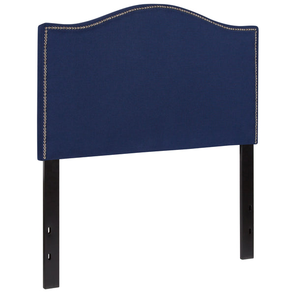 Navy,Twin |#| Upholstered Twin Size Arched Headboard with Accent Nail Trim in Navy Fabric