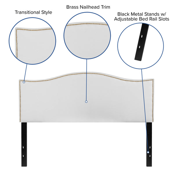 White,Queen |#| Upholstered Queen Size Arched Headboard with Accent Nail Trim in White Fabric