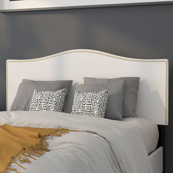 White,Full |#| Upholstered Full Size Arched Headboard with Accent Nail Trim in White Fabric