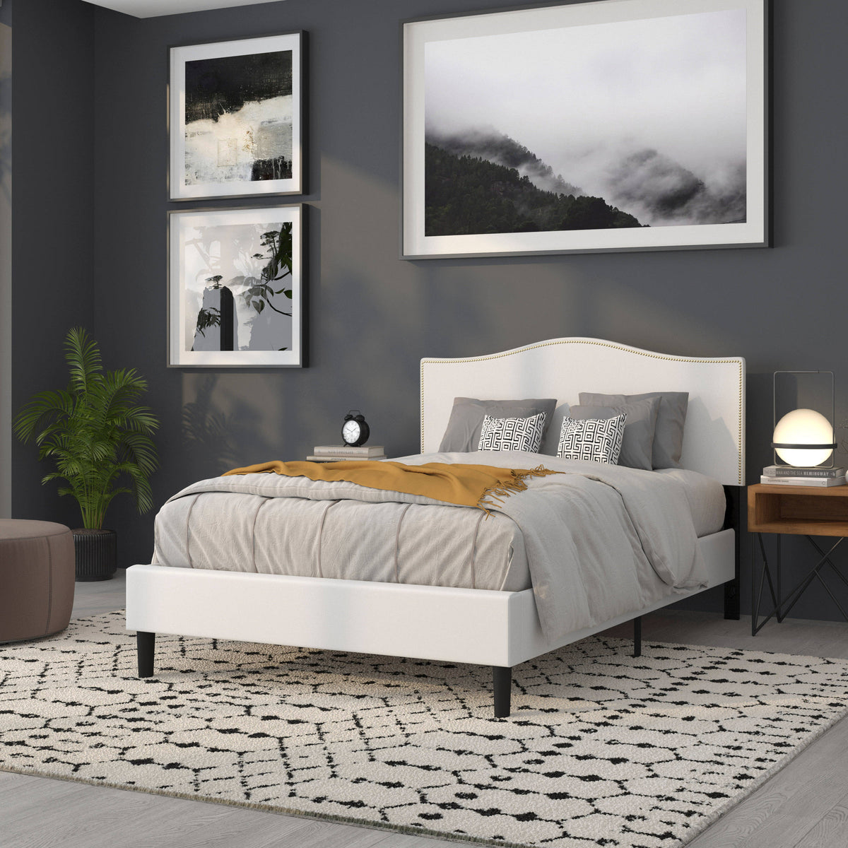 White,Full |#| Upholstered Full Size Arched Headboard with Accent Nail Trim in White Fabric