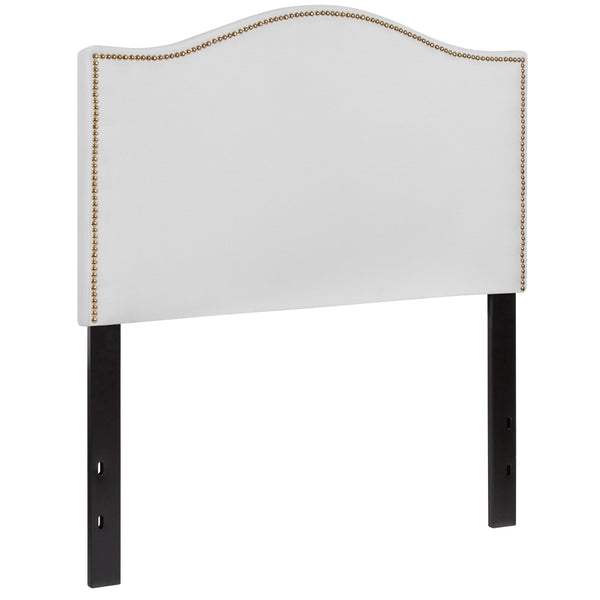 White,Twin |#| Upholstered Twin Size Arched Headboard with Accent Nail Trim in White Fabric