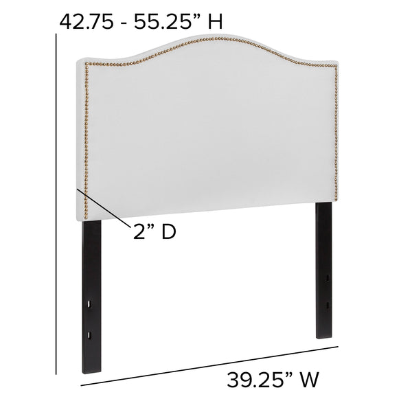 White,Twin |#| Upholstered Twin Size Arched Headboard with Accent Nail Trim in White Fabric