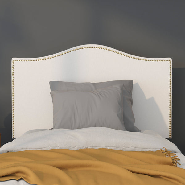 White,Twin |#| Upholstered Twin Size Arched Headboard with Accent Nail Trim in White Fabric