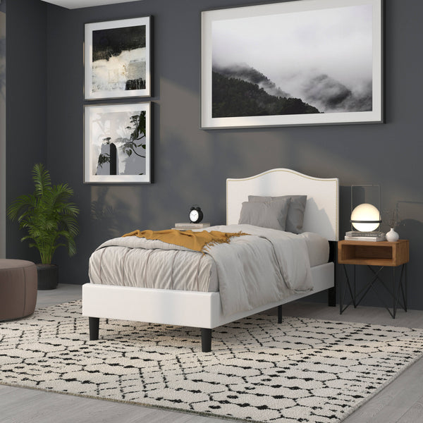 White,Twin |#| Upholstered Twin Size Arched Headboard with Accent Nail Trim in White Fabric