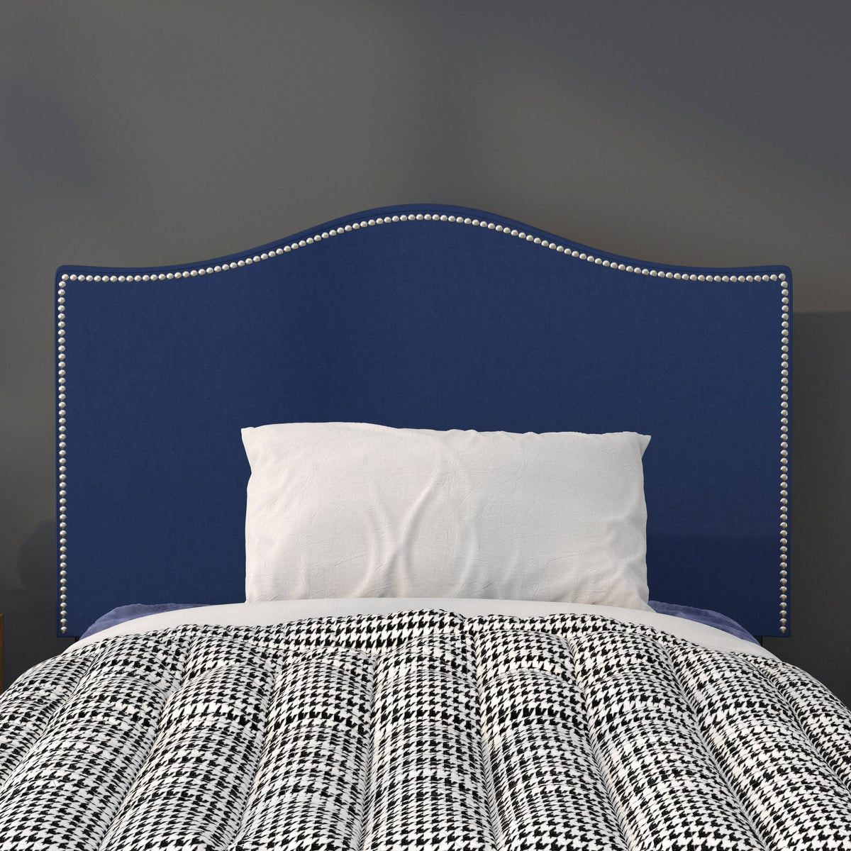Navy,Twin |#| Upholstered Twin Size Arched Headboard with Accent Nail Trim in Navy Fabric