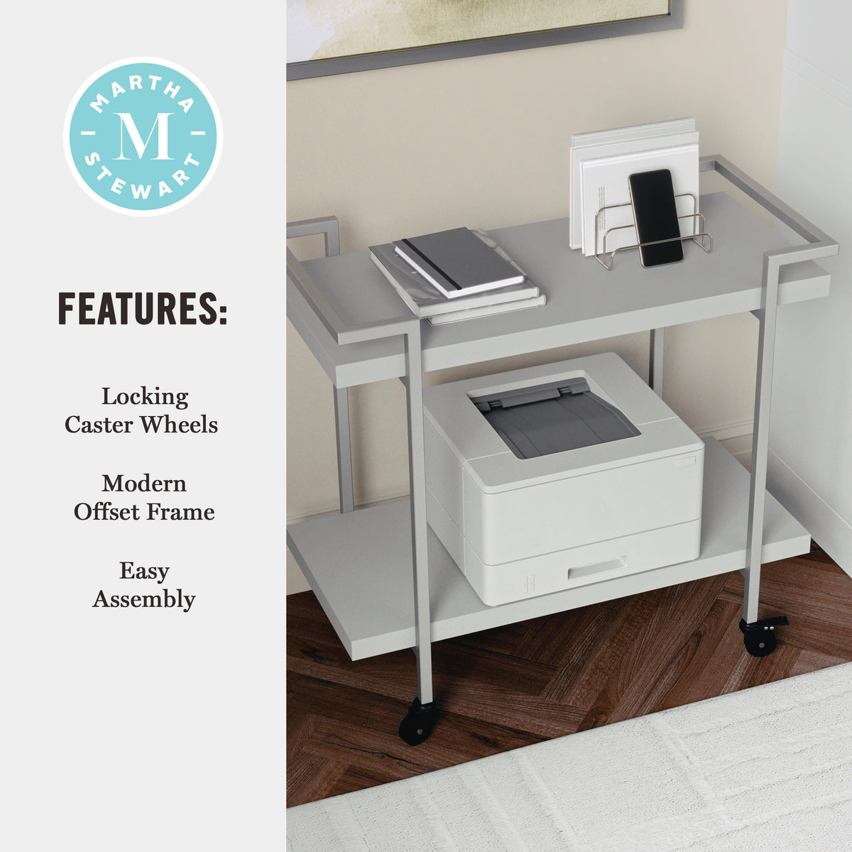 Gray/Brushed Nickel Frame |#| Mobile 2 Tier Home Office Printer Cart with Side Storage-Gray/Brushed Nickel