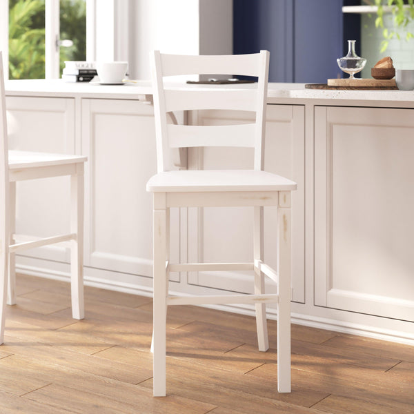 White Wash |#| Commercial Grade Wooden Bar Height Stool in Antique White Wash, Set of 2