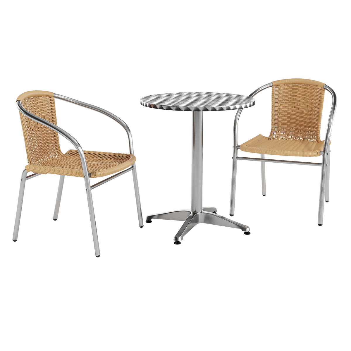 Beige |#| 23.5" Round Aluminum Indoor-Outdoor Table Set with 2 Beige Rattan Chairs