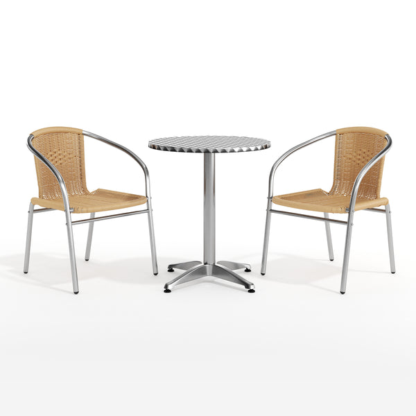 Beige |#| 23.5" Round Aluminum Indoor-Outdoor Table Set with 2 Beige Rattan Chairs