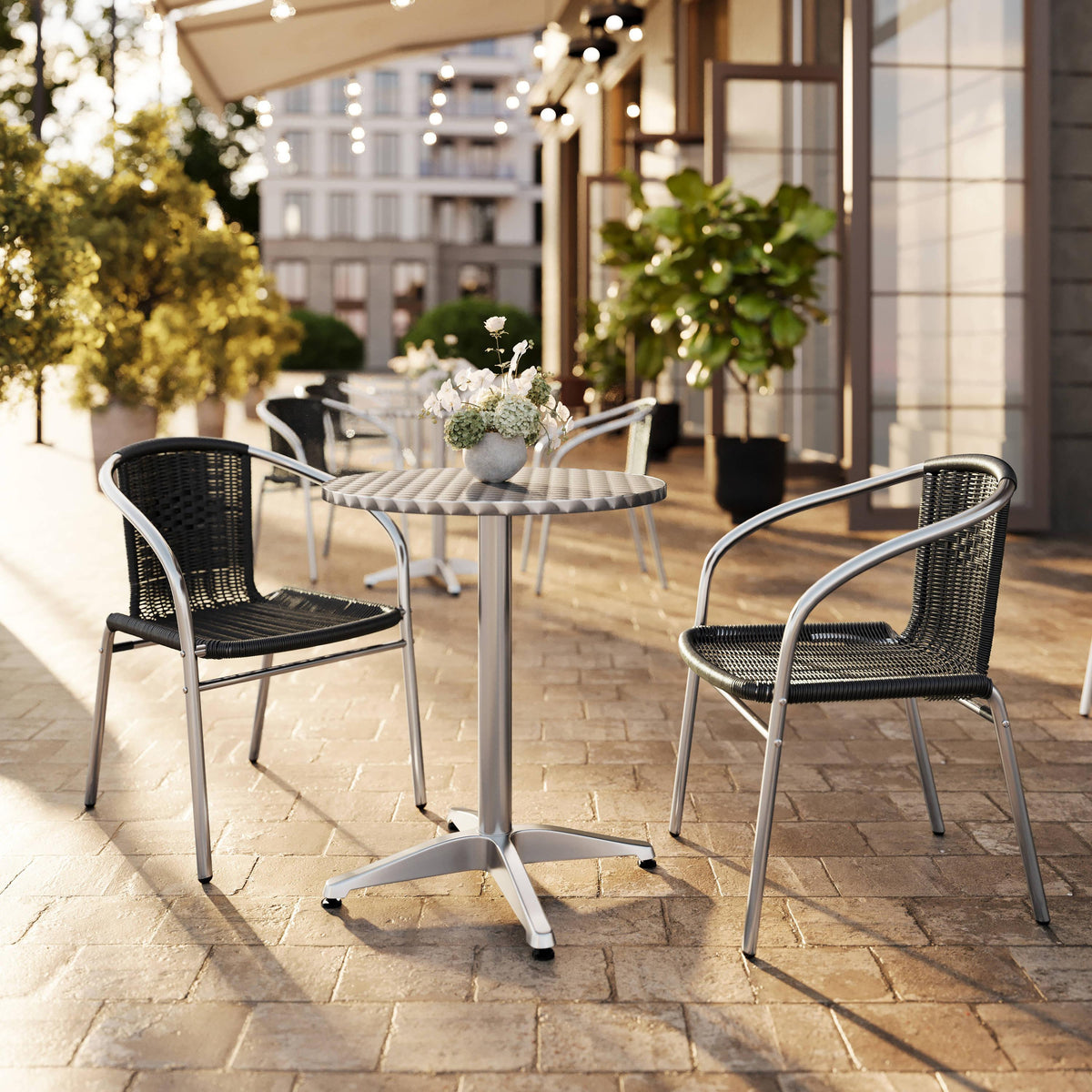Black |#| 23.5" Round Aluminum Indoor-Outdoor Table Set with 2 Black Rattan Chairs